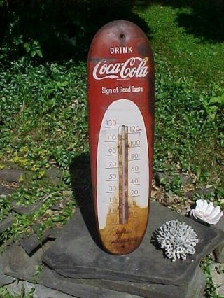 Orig 1950s Coca Cola Sign Of Good Taste Metal Advertising Wall Thermometer