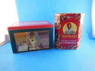 Vintage Sun - Maid Oat Raisin Cookies & Carnation Hot Cocoa Collectible Tin Cans