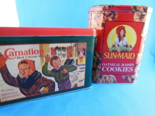 Vintage Sun - Maid Oat Raisin Cookies & Carnation Hot Cocoa Collectible Tin Cans 2