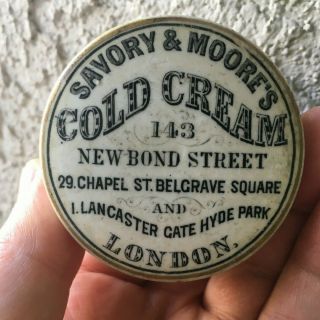 Antique,  VERY cute,  c1890 3 - address,  LONDON Cold Cream,  with gold band,  jar pot lid 2