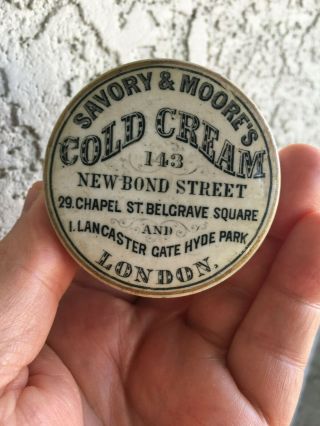 Antique,  VERY cute,  c1890 3 - address,  LONDON Cold Cream,  with gold band,  jar pot lid 3