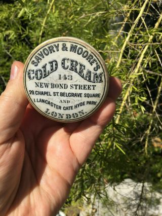 Antique,  VERY cute,  c1890 3 - address,  LONDON Cold Cream,  with gold band,  jar pot lid 4