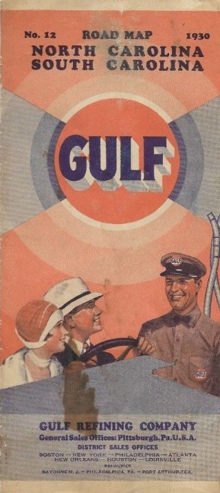 1930 Gulf Motor Oil Road Map North & South Carolina Raleigh Charlotte Kitty Hawk