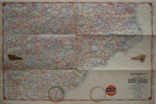 1930 GULF MOTOR OIL Road Map NORTH & SOUTH CAROLINA Raleigh Charlotte Kitty Hawk 2