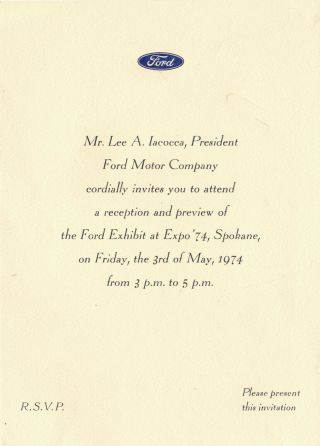 1974 Spokane Wa World Fair,  Lee Iacocca,  President Ford Motor Invite To Exhibit