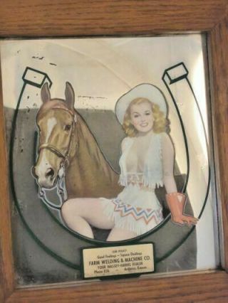 Vintage Cowgirl Pin Up Girl Mirror Advertising Anthony Kansas Farm Massey Harris