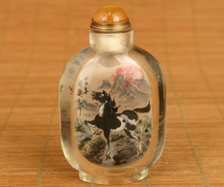 Big Chinese Old Glass Hand Inside Painting Horse Statue Snuff Bottle Noble Gift