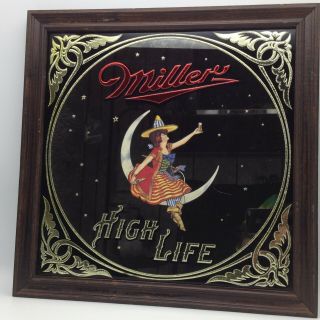 Vintage 1979 Miller High Life Girl On Moon Mirror Bar Pub Sign Witch Hat 14.  25 "