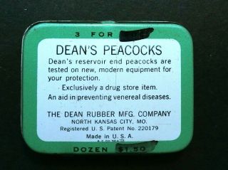 Vintage Condom Tin - Dean ' s Peacocks w/ 3 Condoms ca.  1950s 2
