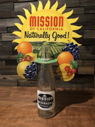 Vintage Mission Beverages Soda Bottle W/ Bottle Topper Advertising Sign