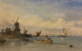 1853 Thomas Sewell Robins 19th C.  British Dutch Harbor Scene Watercolor Painting