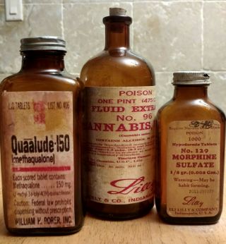 3 Lg.  Old Medicine Bottles Hand Crafted,  Cannabis Quaalude,  Morphine 6 " - 7 "