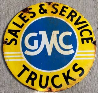 Porcelain Gmc Sales And Service Dealer Sign Heavy Duty Trucks