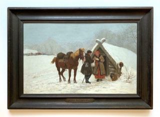 Jozef Ryszkiewicz (polish) - Winter Scene W/ Figures & Horse - Circa 1880