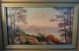 Antique Oil On Board Painting Hudson River Landscape Signed