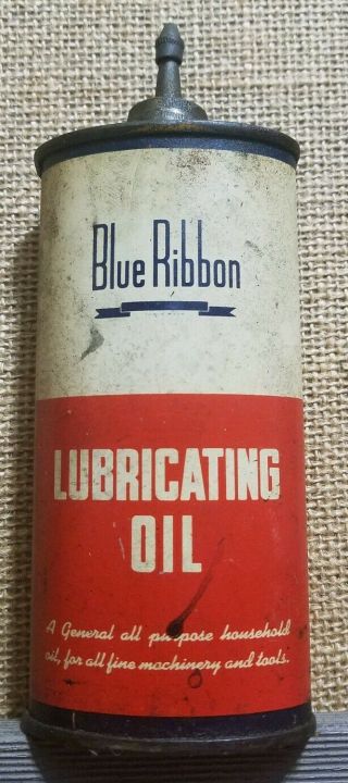 Vintage Blue Ribbon Lubricating Oil 4oz Oval Tin Can With Lead Top Spout (full)