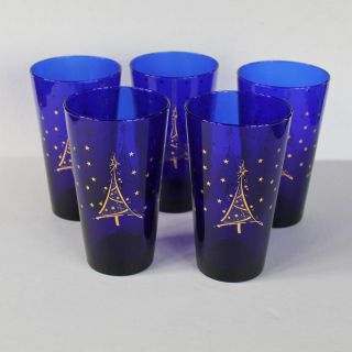 Set Of 5 Culver Cobalt Blue & Gold Christmas Drinking Glasses - Tree & Stars