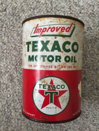 Vintage Improved Texaco Motor Oil Metal Can - One Quart - The Texas Company Full