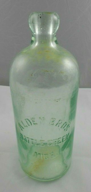 Vtg Alden Bros Battle Creek Mich Hutchinson Blob Top Bottle Qt Quart Green Mi