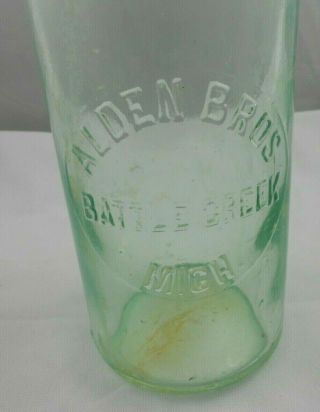 Vtg Alden Bros Battle Creek Mich Hutchinson Blob Top Bottle Qt Quart Green MI 2