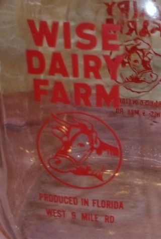 Vintage Gallon True Red Lettering Rare Wise Dairy Florida Cow On Front