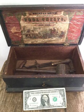 19c Miniature Wooden Salesman Sample Tool Chest Tools Phineas Smith Co.  York