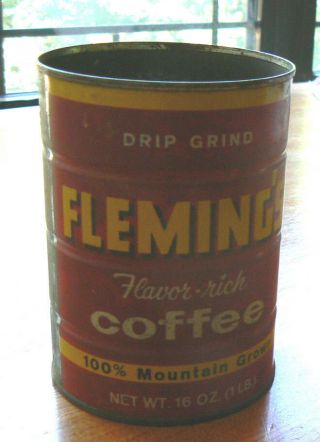 Fleming ' s Flavor - Rich Coffee Tin 1 lb.  16 oz.  Drip Grind,  no lid COND 1950s 2