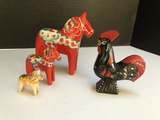 3 Dala Horses And 1 Rooster 5 " Tall To 2” Tall Nils Granhas Olsson Sweden