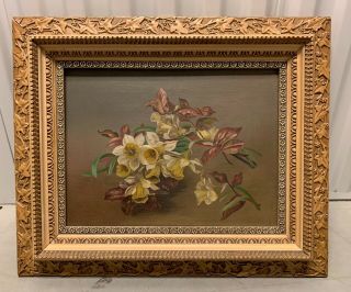 Antique American Victorian Still Life Flower Painting Of Daffodils Boston Label