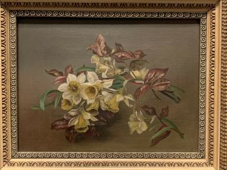 Antique American Victorian Still Life Flower Painting Of Daffodils Boston Label 2