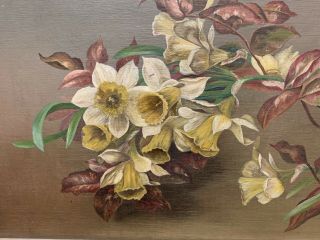 Antique American Victorian Still Life Flower Painting Of Daffodils Boston Label 7
