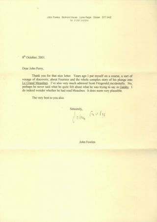 Signed John Fowles Letter 2001 Vg Cond F.  Scott Fitzgerald Alain - Fournier
