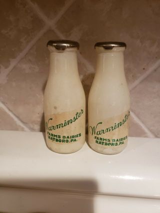 Round Grn Pyro Warminster Farm Dairy Milk Bottle Salt Pepper Shakers Hatboro Pa
