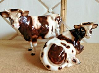 Vintage Nikoniko Japan Porcelain Brown And White Detailed Milk Cow Duo