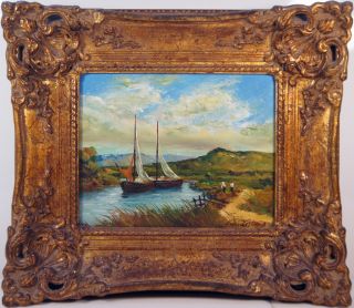 Sail Boats On Waterway,  Dutch Manner Late 20th Ca.  Signed Oil On Panel