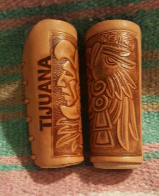 2 Embossed Leather Wrapped Tall 4 " Shot Glasses Tijuana Mexico