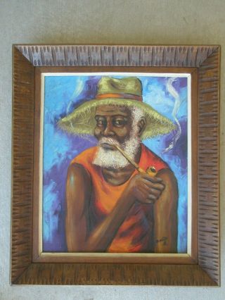 Edouard Wah Haitian Painting 1970 Old Man Smoking Pipe Papa Legba Haiti Folk