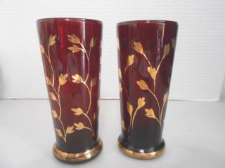 Vintage M.  V.  M Monaco Cranberry Hiball Glasses/gold Leaves - Set Of 2