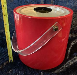 Vintage 60s Mcm Ice Bucket Red With Clear Lucite Lid & Handle 7” Tall