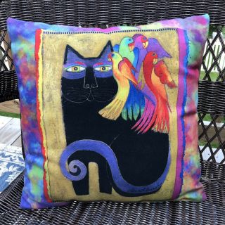 Laurel Burch Black Cat Tie Die Watercolor Bird Pillow Canvas 16 " Square Guc
