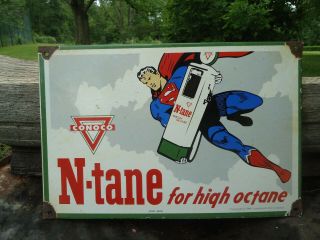 Old 1946 Conoco N - Tane Gasoline Porcelain Gas Pump Sign Advertising