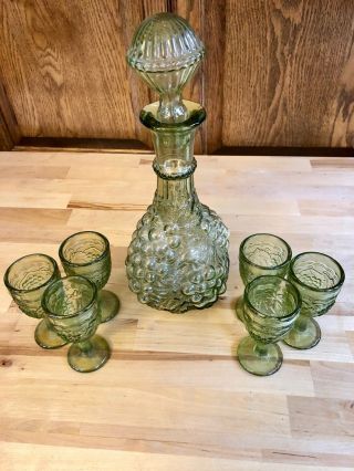 Vintage Green Glass Wine Decanter/carafe W/stopper And 6 Glasses