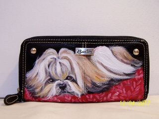 Hand Painted Shih Tzu Leather Buxton Check Book Wallet Dog Art Gift