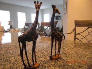 Set Of 2 Wooden Hand - Carved Giraffe Statues By The Masai African Warrior