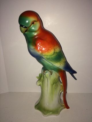 Antique German Porcelain 12 " Red Budgie Parakeet Parrot Tall Figurine