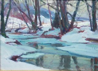 Us American Oil Painting Emile Albert Gruppe River Side In Winter.