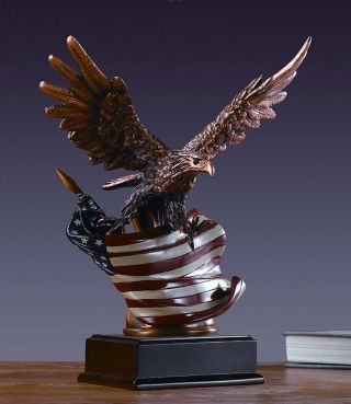 Eagle With American Flag Bronze Finish Sculpture Statue Patriotic Gift