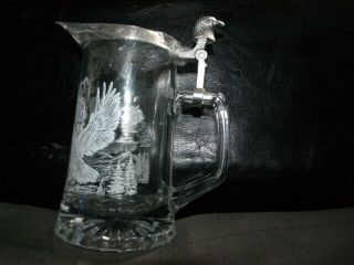 Clear Glass Beer Stein Mug W/white Enamel Meger Eagles & Mountain Design Itialy