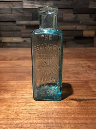 Rare 1880s Bellecity Liquid Stove Polish Wood Bros (racine Wis) Aqua Blue Bottle