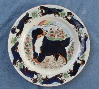 Bernese Mountain Dog.  Handpainted Ceramic Flower Plate.  Ooak.  Look